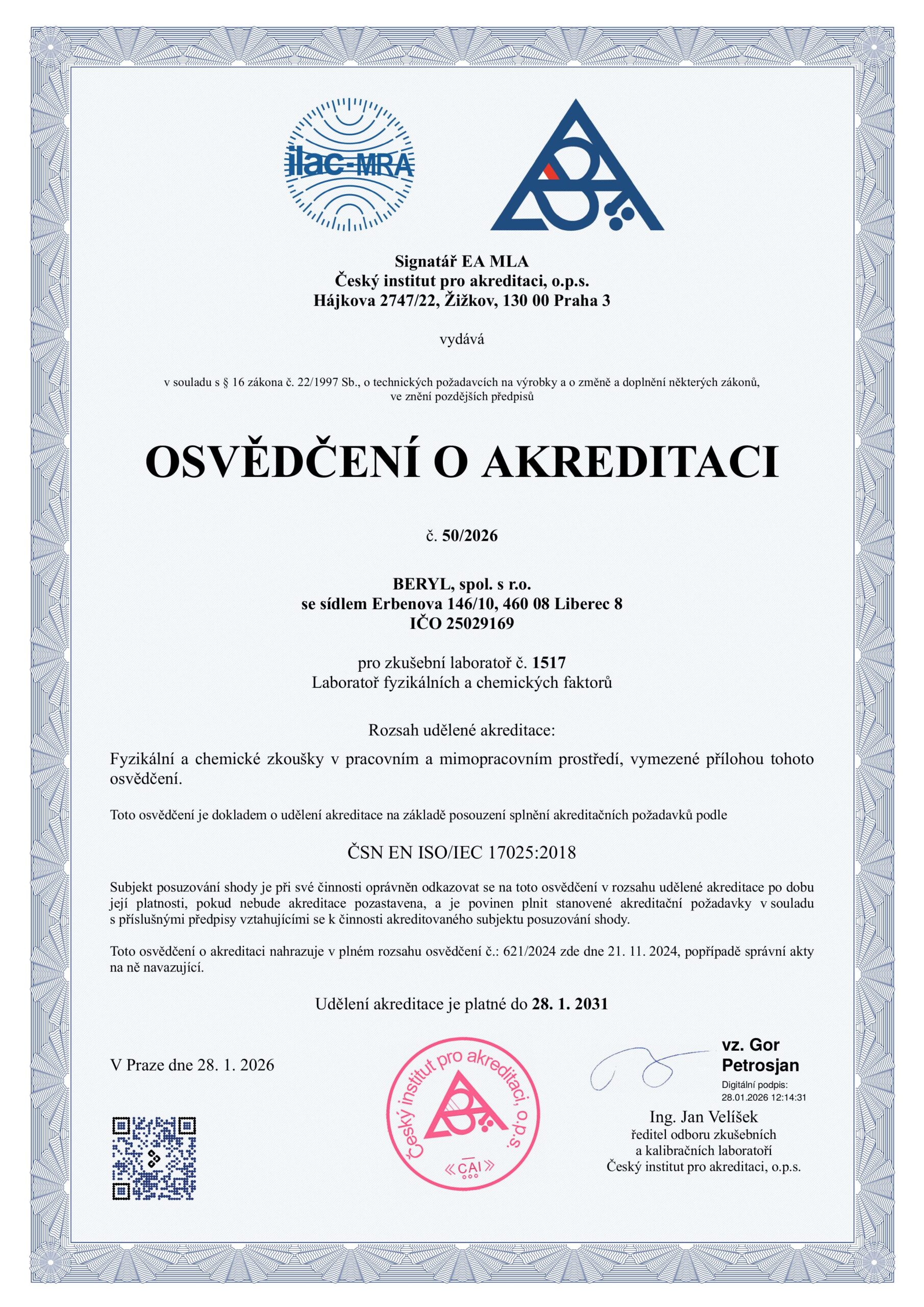 Certifikát – osvědčení – BERYL, spol. s r.o.